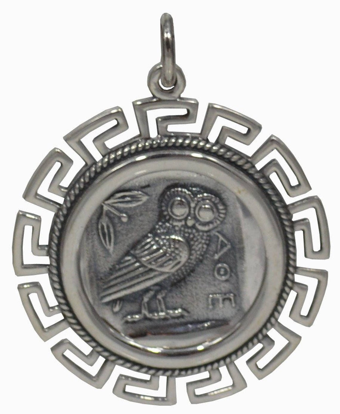 Owl Of Wisdom and Knowledge - Goddess Athena Minerva and Meander Design - Ancient Greece  - Pendant - 925 Sterling Silver