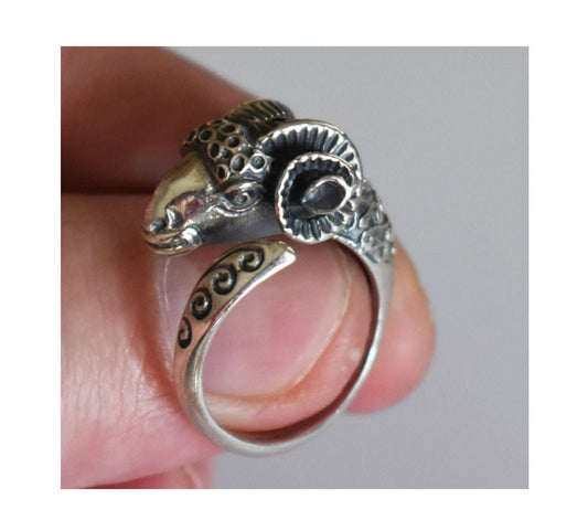 Ram Head - Symbol of Authority, Nobility, Virility, Fertility, Power and Leadership - Size Between Us 6 to 9- Ring - 925 Sterling Silver