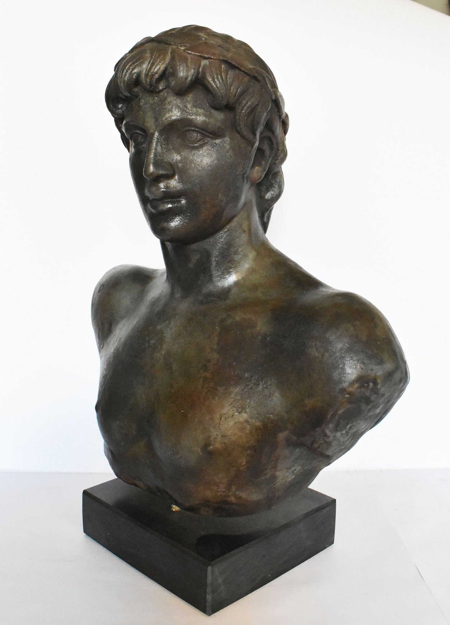 Apollo- God of Music,Poetry, Art, Prophecy, Truth, Archery, Plague, Healing, Sun and Light  - Marble Base - Head Bust- Bronze Colour Effect