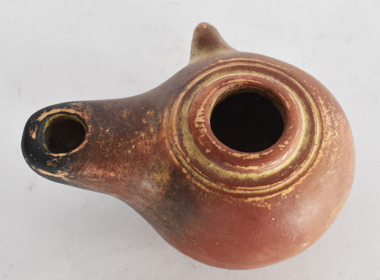 Oil Lamp - Athens - 600 BC - Elongated Nozzle,Incised Band around the Center, a Pinched 'Ear' - Museum Reproduction - Ceramic Artifact