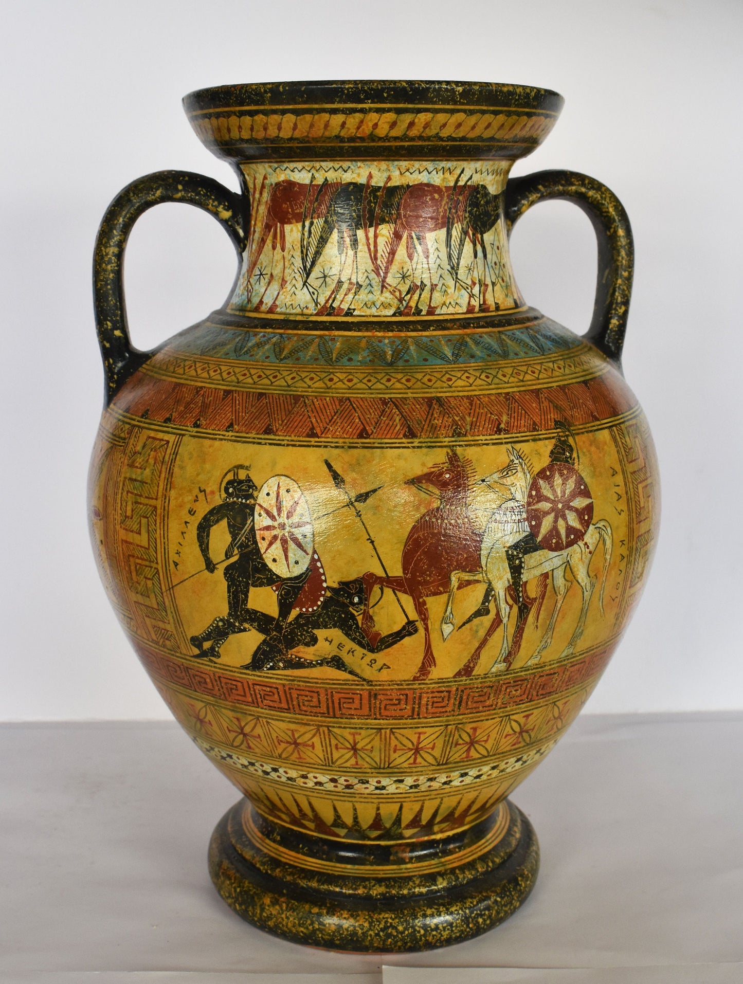 Achilles Ajax Hector - Trojan War Theme - Athenian Owl - Animals - Meander and Rosette Design - Ceramic Vase