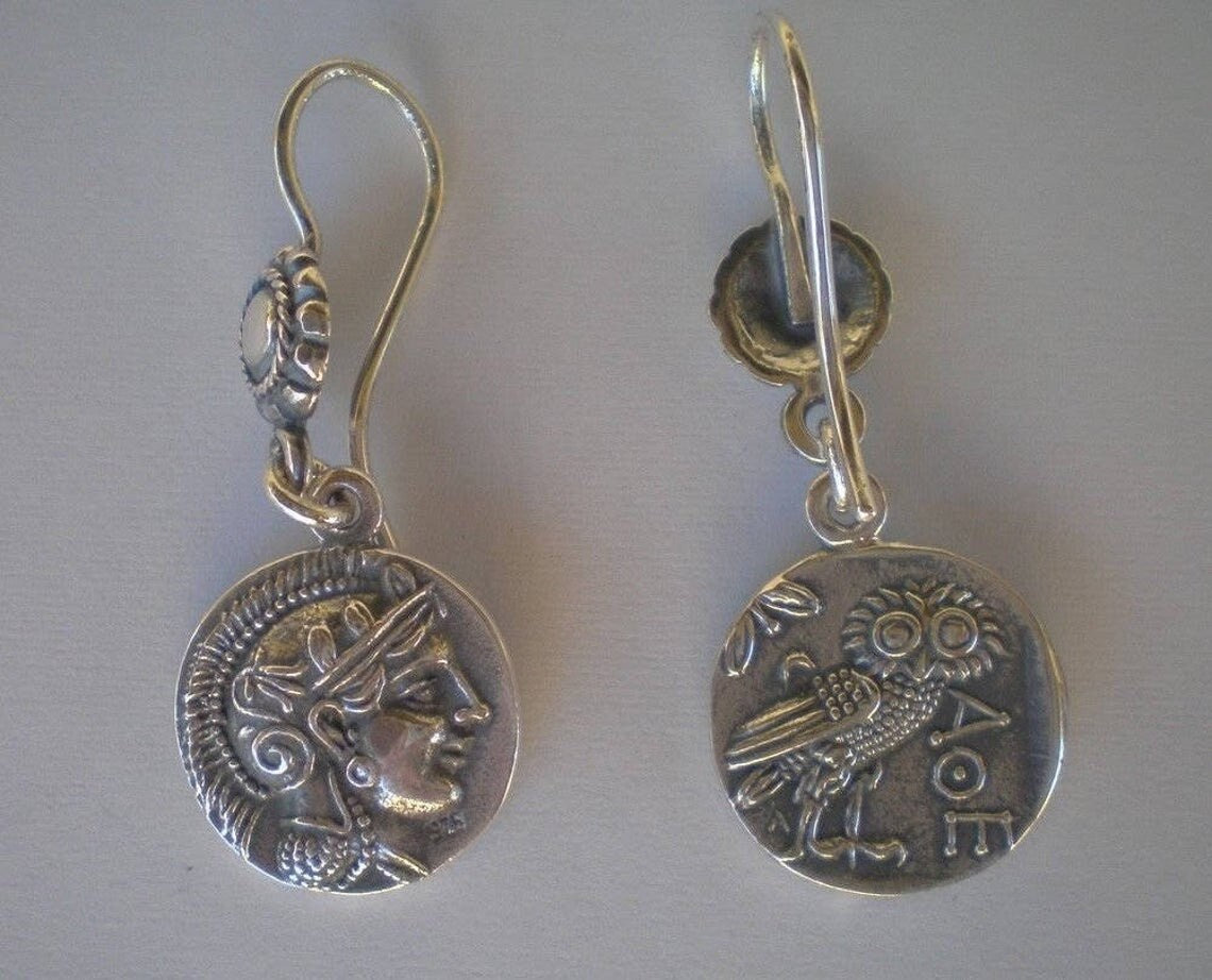 Athena Minerva Greek Roman Goddess of Wisdom - Owl  - Tetradrachm 431-413 BC  - Earrings - 925 Sterling Silver