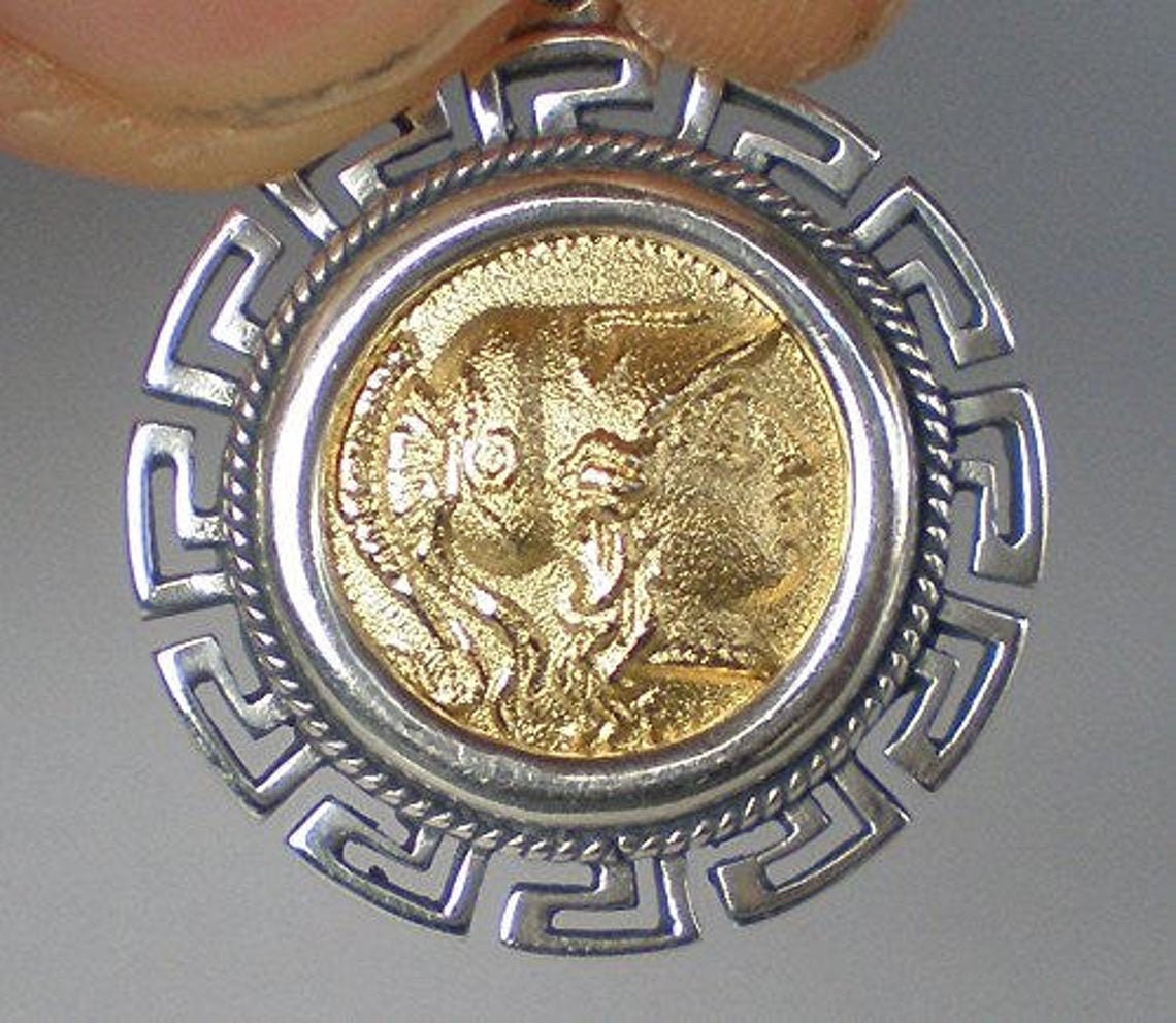 Athena Minerva - Greek Roman Goddess of wisdom - Alexander's lifetime stater - Meander - Gold Plated Coin Pendant - 925 Sterling Silver