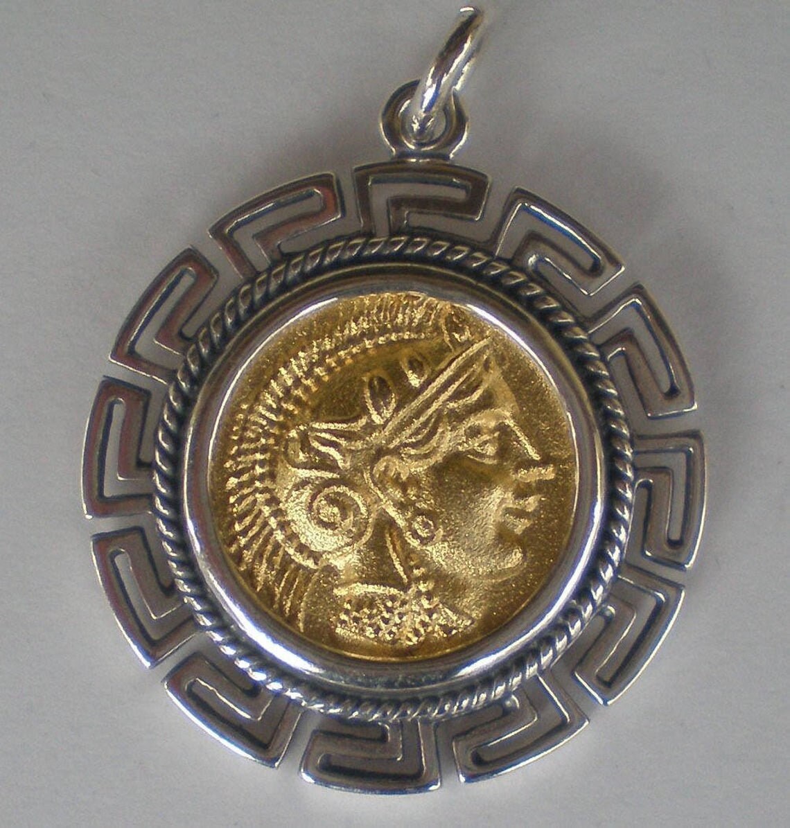 Athena Minerva Greek Roman Goddess of Wisdom - Owl  - Tetradrachm 431-413 BC - Meander - Gold Plated Coin Pendant - 925 Sterling Silver