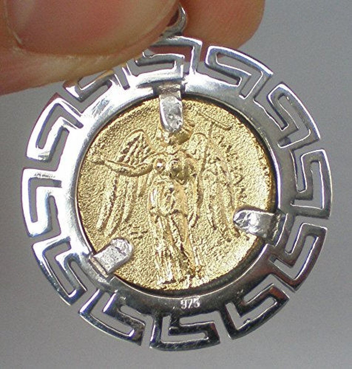 Athena Minerva Greek Roman Goddess of Wisdom - Alexander's stater 328-323 BC - Meander - Gold Plated Coin Pendant - 925 Sterling Silver