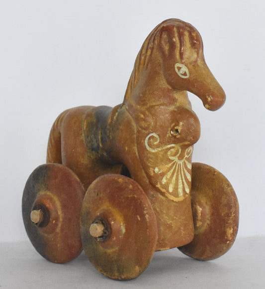 Terracotta wheeled horse  - Children's Toy - Athens, Attica - 500 BC - Museum Reproduction  - Ceramic Artifact