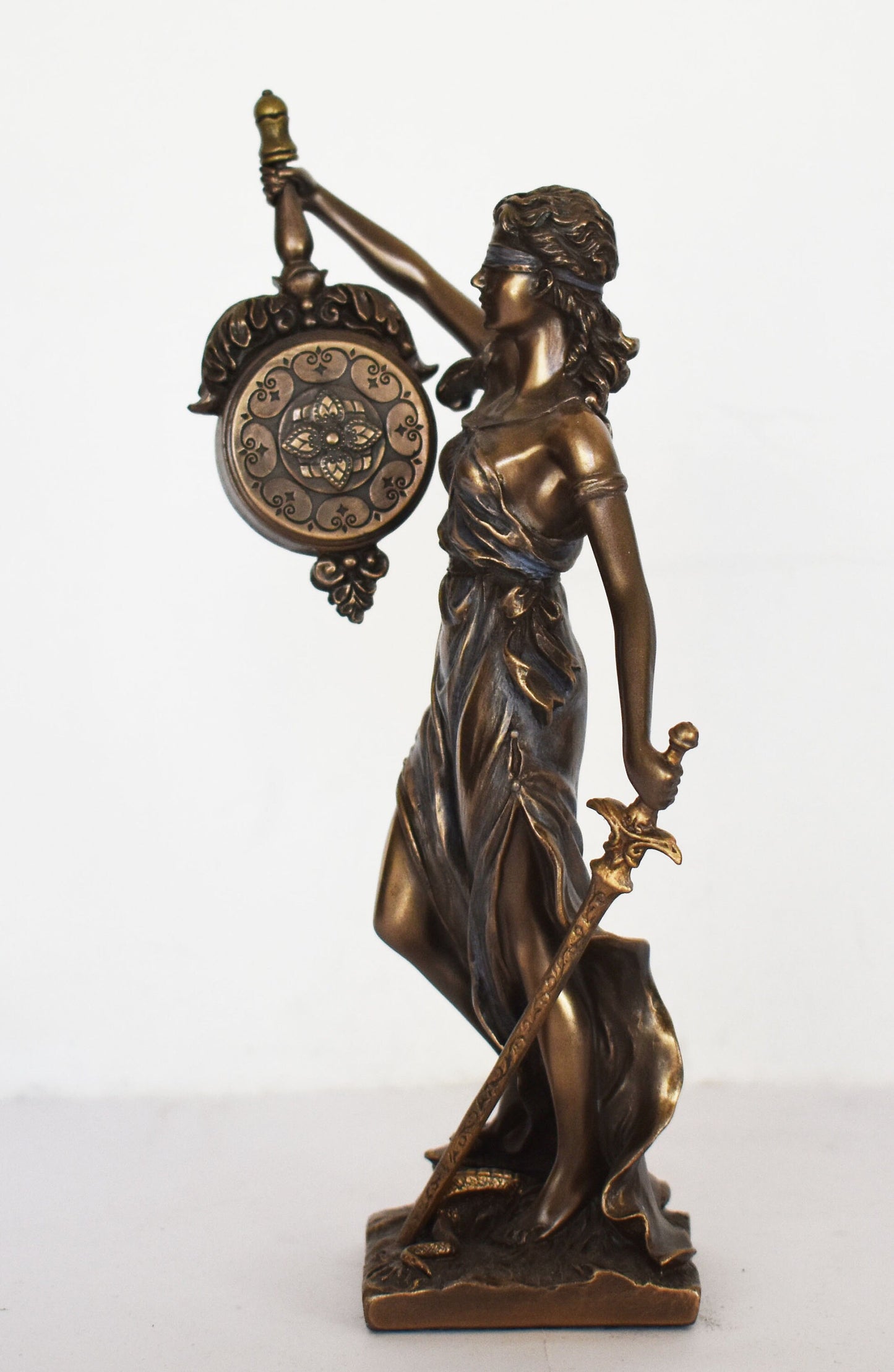 Themis Justitia with Clock - Greek Roman Goddess of Divine Law and Order, Fairness, Natural Law and Custom - Cold Cast Bronze Resin