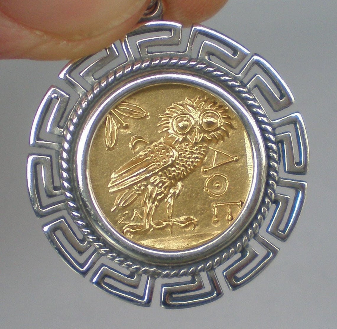 Owl of Wisdom - Greek Roman Goddess Athena Minerva - Meander - Gold Plated Coin Pendant - 925 Sterling Silver