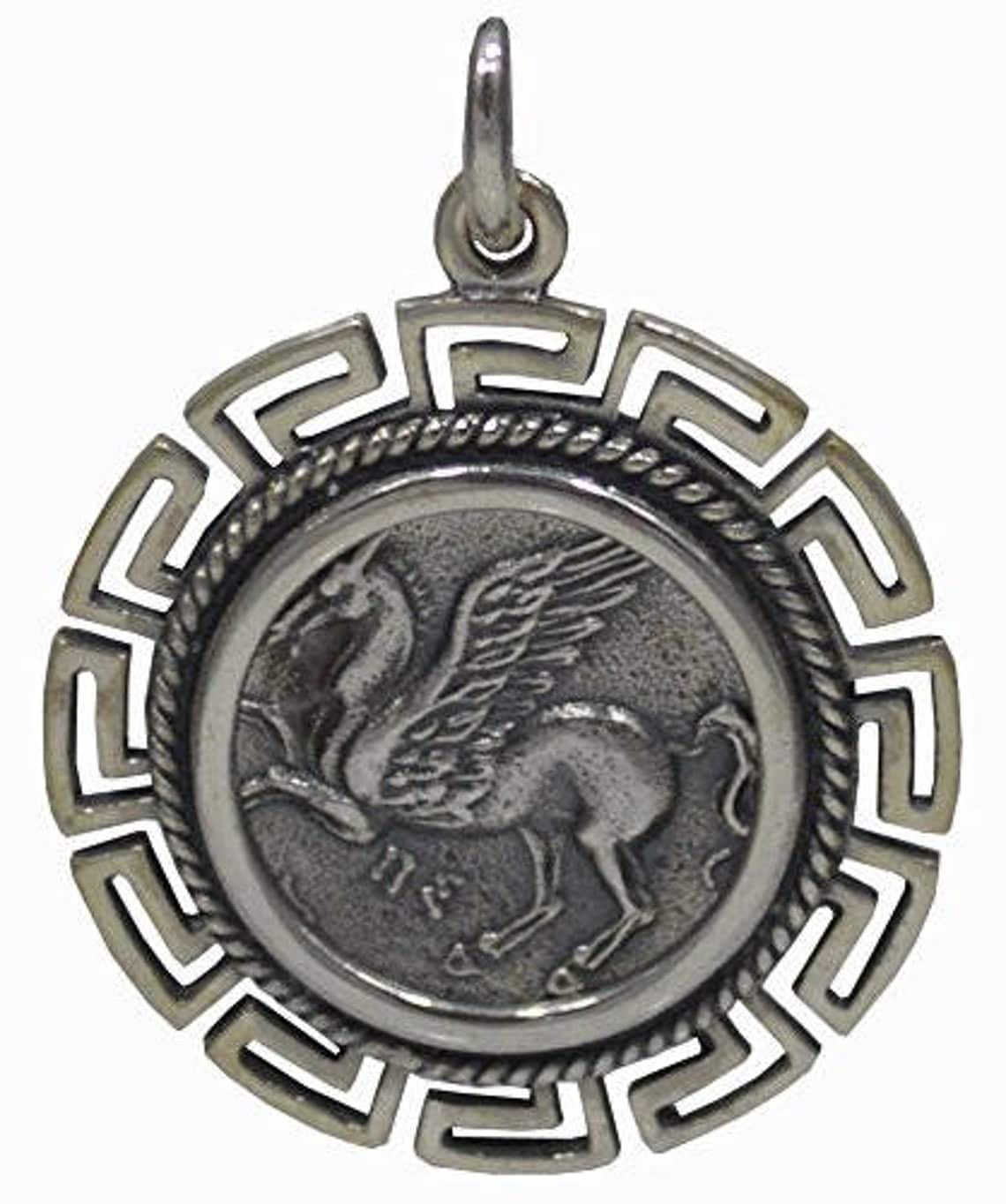 Pegasus, mythical winged divine horse - Athena, Goddess of Wisdom - Corinthian Stater - Meander Design - Coin Pendant - 925 Sterling Silver