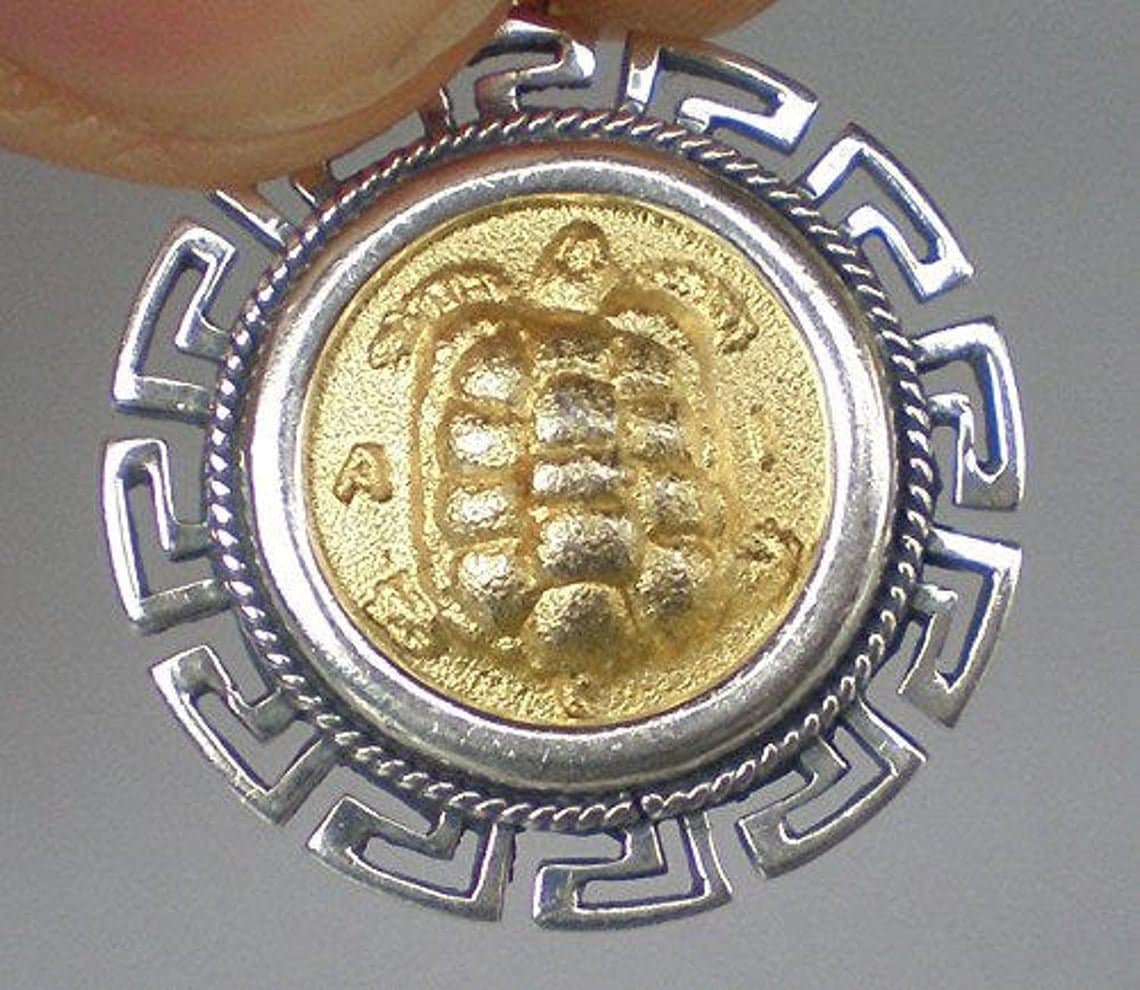 Sea Turtle - Symbol of Longevity, Stability - Aegina Stater, 456-431 BC - Meander - Gold Plated Coin Pendant  - 925 Sterling Silver