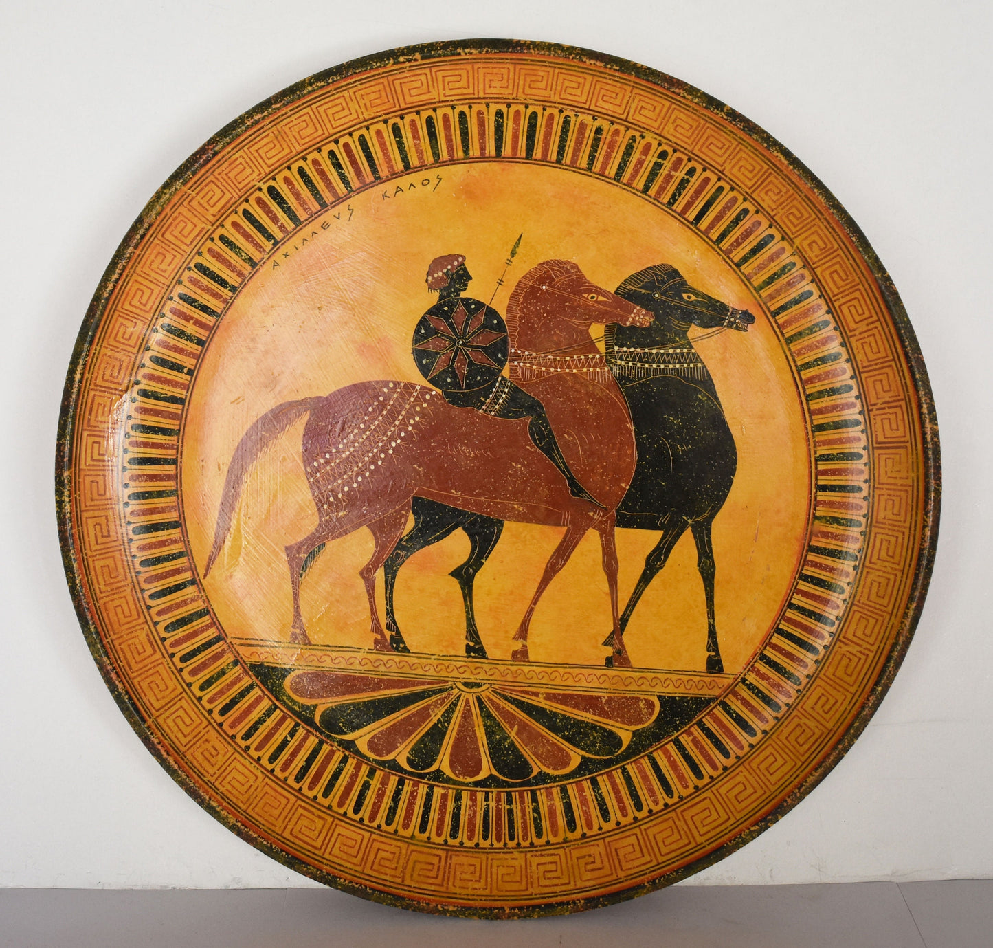 Achilles with his Immortal Horses - Balius and Xanthus - Homer,Iliad - Meander - Classic Period, 600 BC - Ceramic plate - Handmade in Greece
