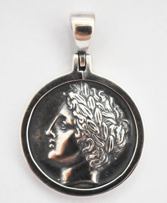 Apollo - Greek Roman God of archery, music and dance, prophecy, healing, Sun, light - Lyre - Coin Pendant - 925 Sterling Silver