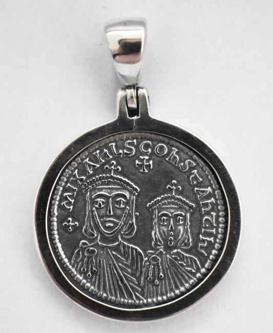 Emperor Theophilus Crowned Bust, holding Patriarchal Cross -  Constantine - 829-842 AD - Solidus - Coin Pendant - 925 Sterling Silver