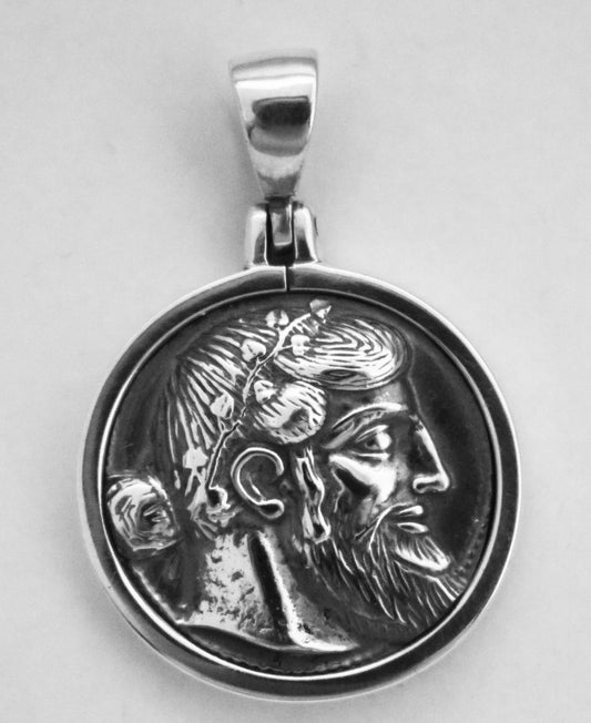 Dionysus, God of Wine and Silenus holding a kantharos - tetradrachm from Naxos, Sicily (461–450 BC) - Coin Pendant  - 925 Sterling Silver