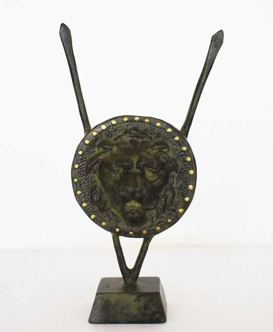 Ancient Greek Shield with Spears - Lion Head - Symbol of Courage, Nobility, Royalty, Strength - Museum Replica - pure Bronze Sculpture