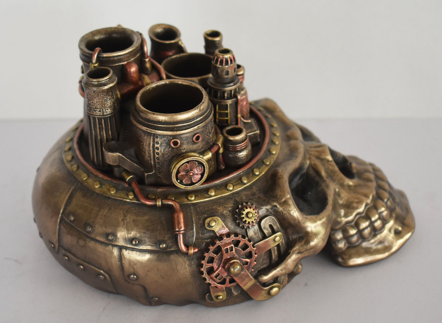 Scull  - Pencil Stand - Steampunk - Modern Art - Decoration - Cold Cast Bronze Resin