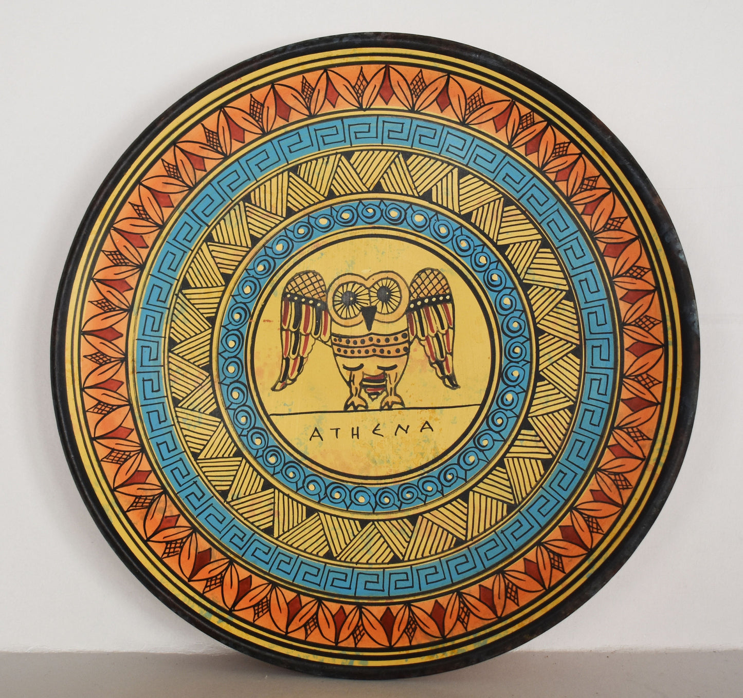 Owl of Wisdom and Intelligence - Ancient Athenian Symbol - Meander - Geometric Period - 700 BC - Ceramic plate - Handmade in Greece