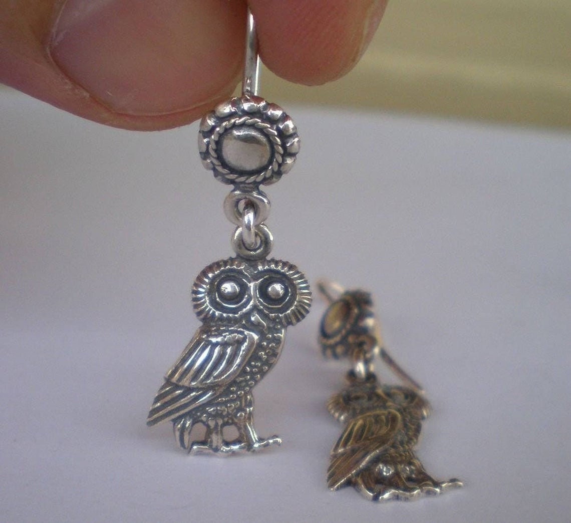 Owl Of Wisdom and Knowledge - Symbol of Goddess Athena Minerva - Ancient Greece - Earrings - 925 Sterling Silver