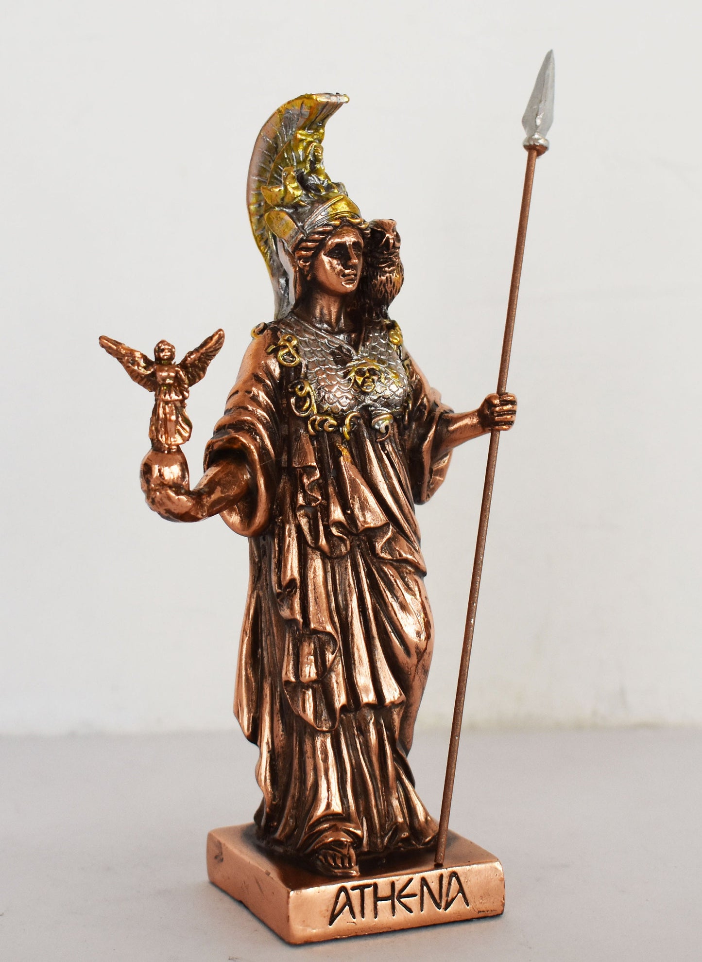 Athena Minerva with Nike and Owl - Greek Roman goddes of Wisdom, Strength, Strategy, Courage, Inspiration, Arts - Copper Plated Alabaster