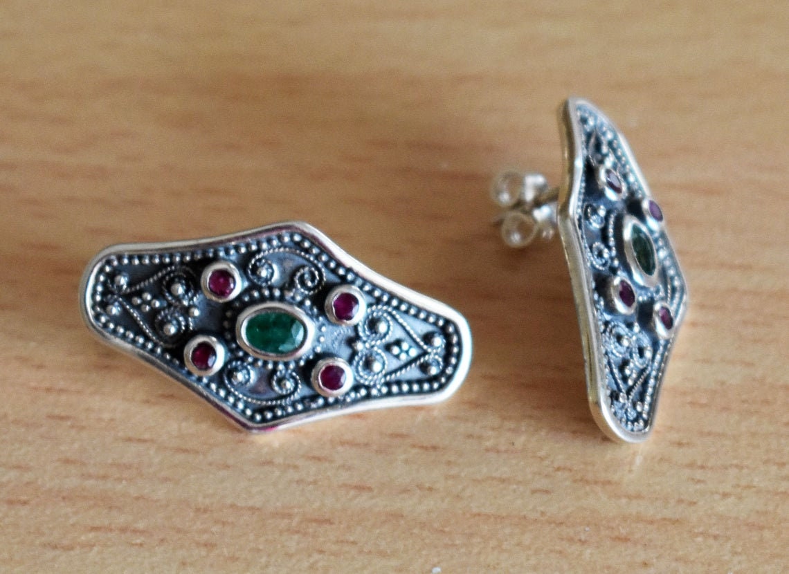 Byzantine Style Jewelry -  With Ruby & Emerald - Earrings - 925 Sterling Silver