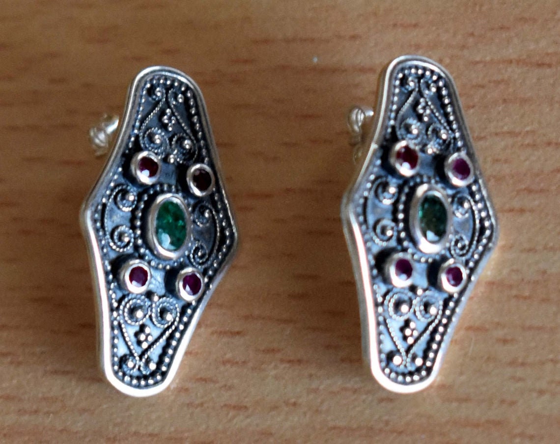 Byzantine Style Jewelry -  With Ruby & Emerald - Earrings - 925 Sterling Silver