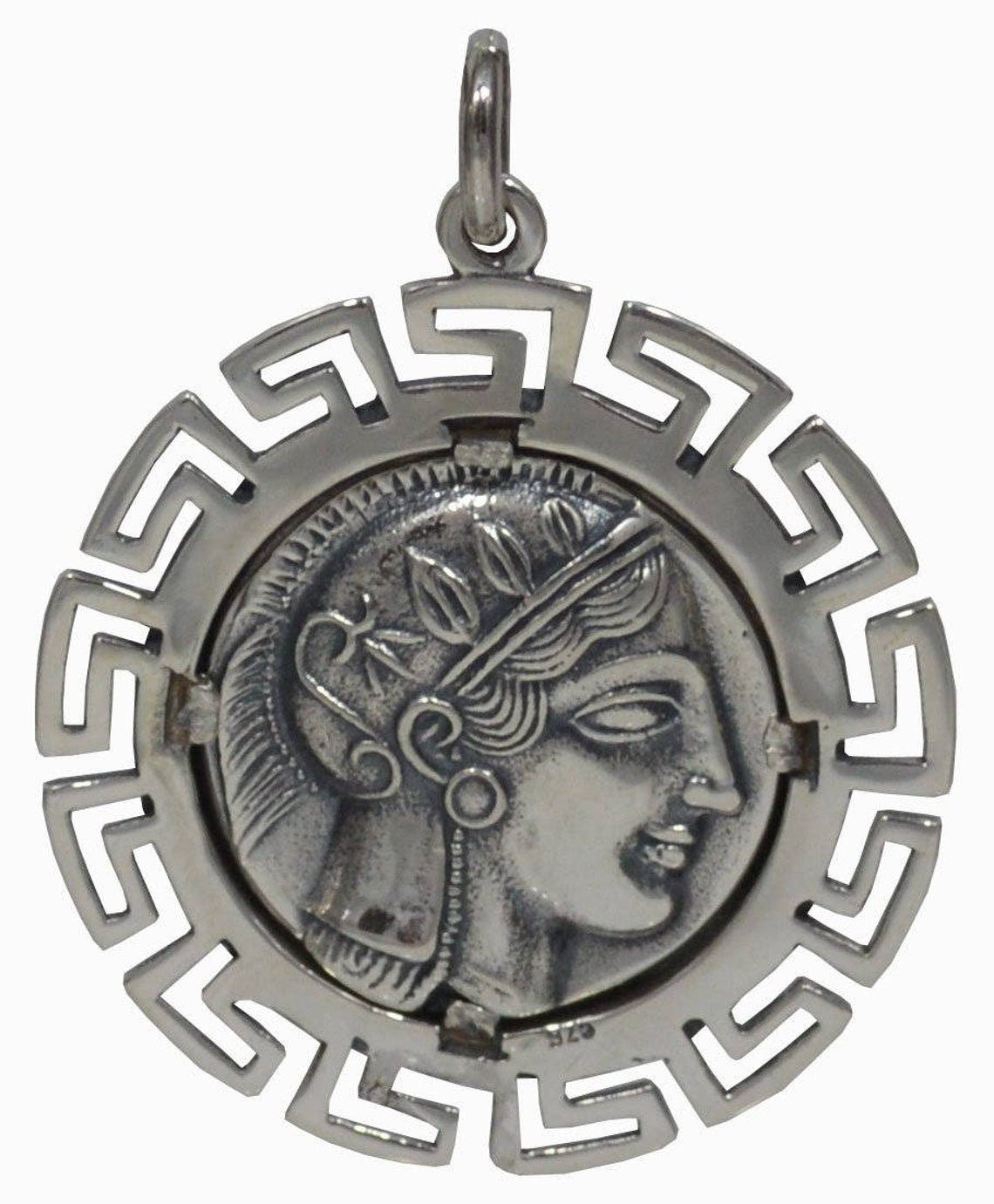 Owl Of Wisdom and Knowledge - Goddess Athena Minerva and Meander Design - Ancient Greece  - Pendant - 925 Sterling Silver