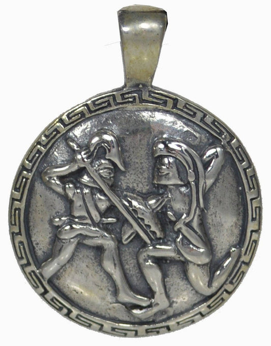 Spartan Warriors Fighting - King Leonidas and 300 - Battle of Thermopylae - 480 BC - Meander Design - Pendant - 925 Sterling Silver