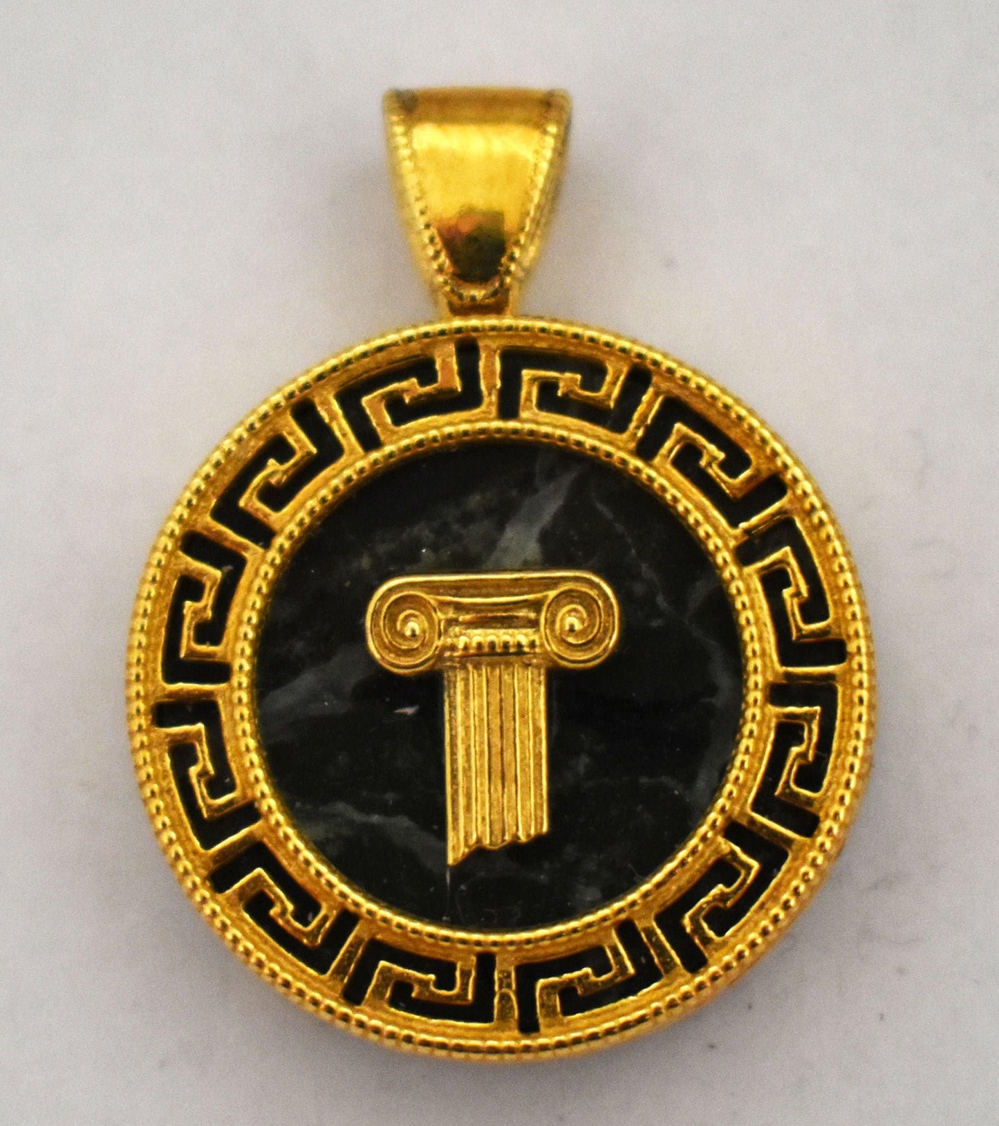 Ancient Greek Ionic Column Motif with Meander on Marble - Gold Plated Pendant - 925 Sterling Silver