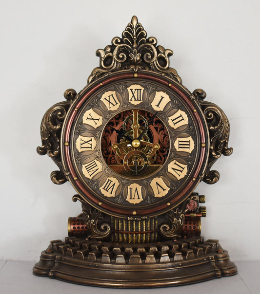 Retro Steampunk Clock - Modern Art, Decoration - Inspired by 19th-Century Industrial Steam-powered Machinery - Cold Cast Bronze Resin