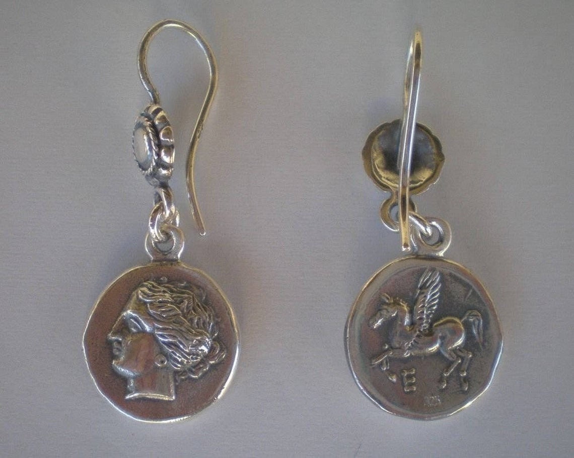 Aphrodite Venus - Greek Roman Goddess of Love - Pegasus - Mythical Horse - Drachm Corinth - 400-350 BC - Earrings - 925 Sterling Silver