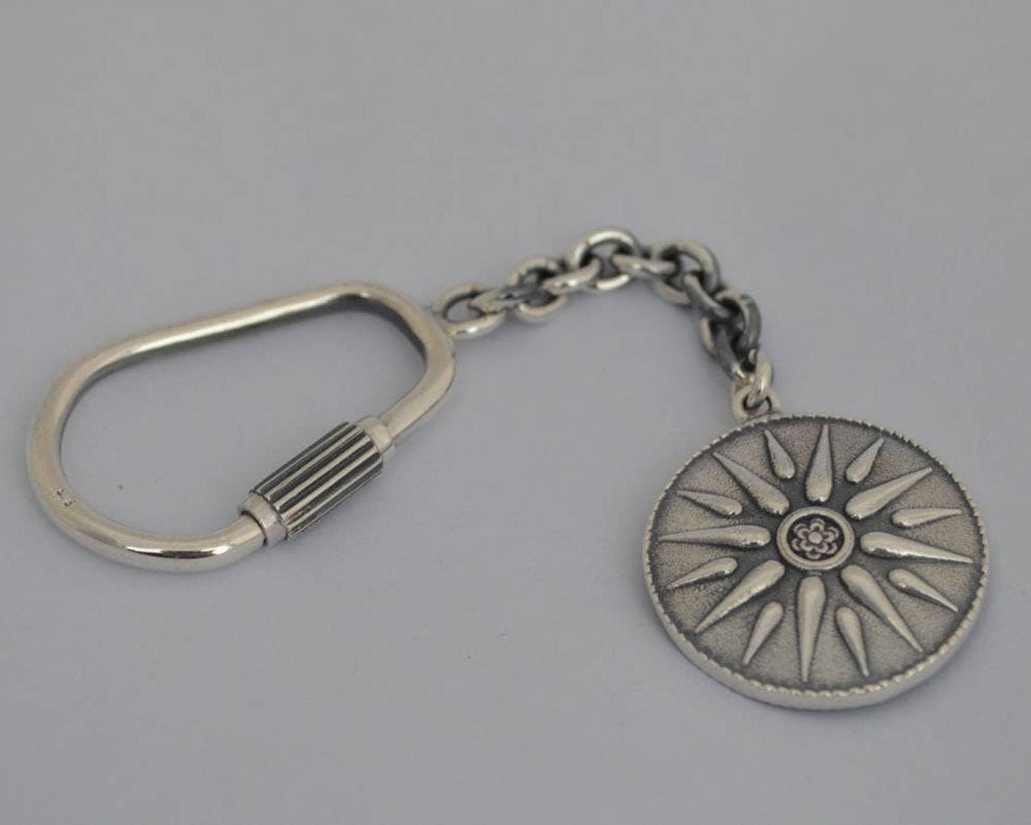 Vergina Sun - Alexander the Great  - Macedonia -  Rayed Solar Symbol - Keychain - 925 Sterling Silver