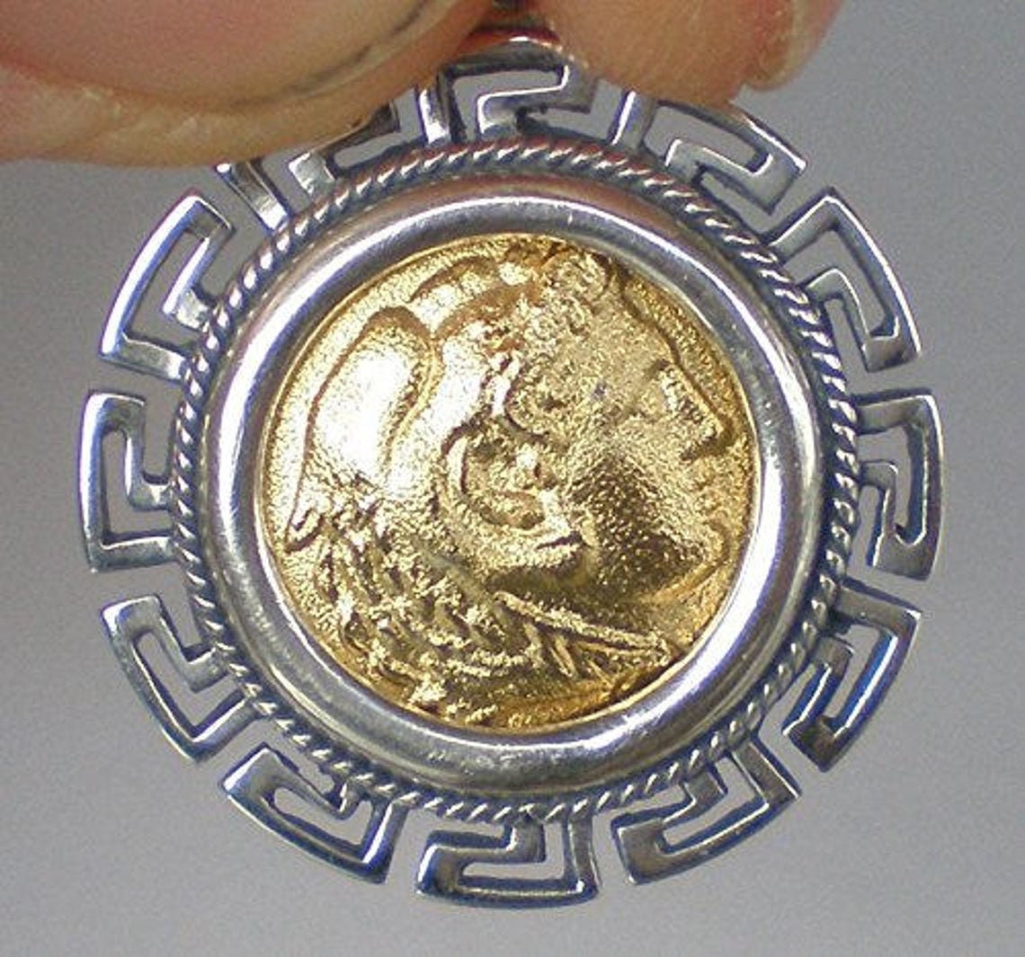 Alexander The Great - Macedonian King - Meander Motif - Amphipolis Tetradrachm - 336-326 BC - Gold Plated Coin Pendant - 925 Sterling Silver