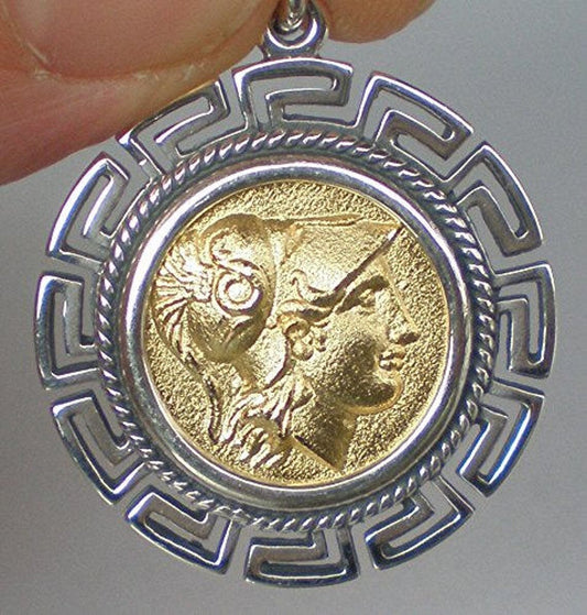 Athena Minerva Greek Roman Goddess of Wisdom - Alexander's stater 328-323 BC - Meander - Gold Plated Coin Pendant - 925 Sterling Silver