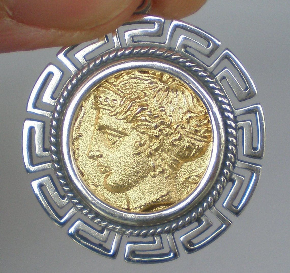 Artemis Diana - Greek Roman Goddess of Hunt - Syracuse Dekadrachm - 405-380 BC - Meander Motif - Coin Pendant - 925 Sterling Silver