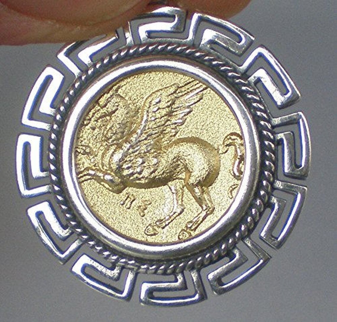 Pegasus the Mythical Horse and Greek Roman Goddess Athena - Meander, symbol of eternity - Gold Plated Coin Pendant - 925 Sterling Silver