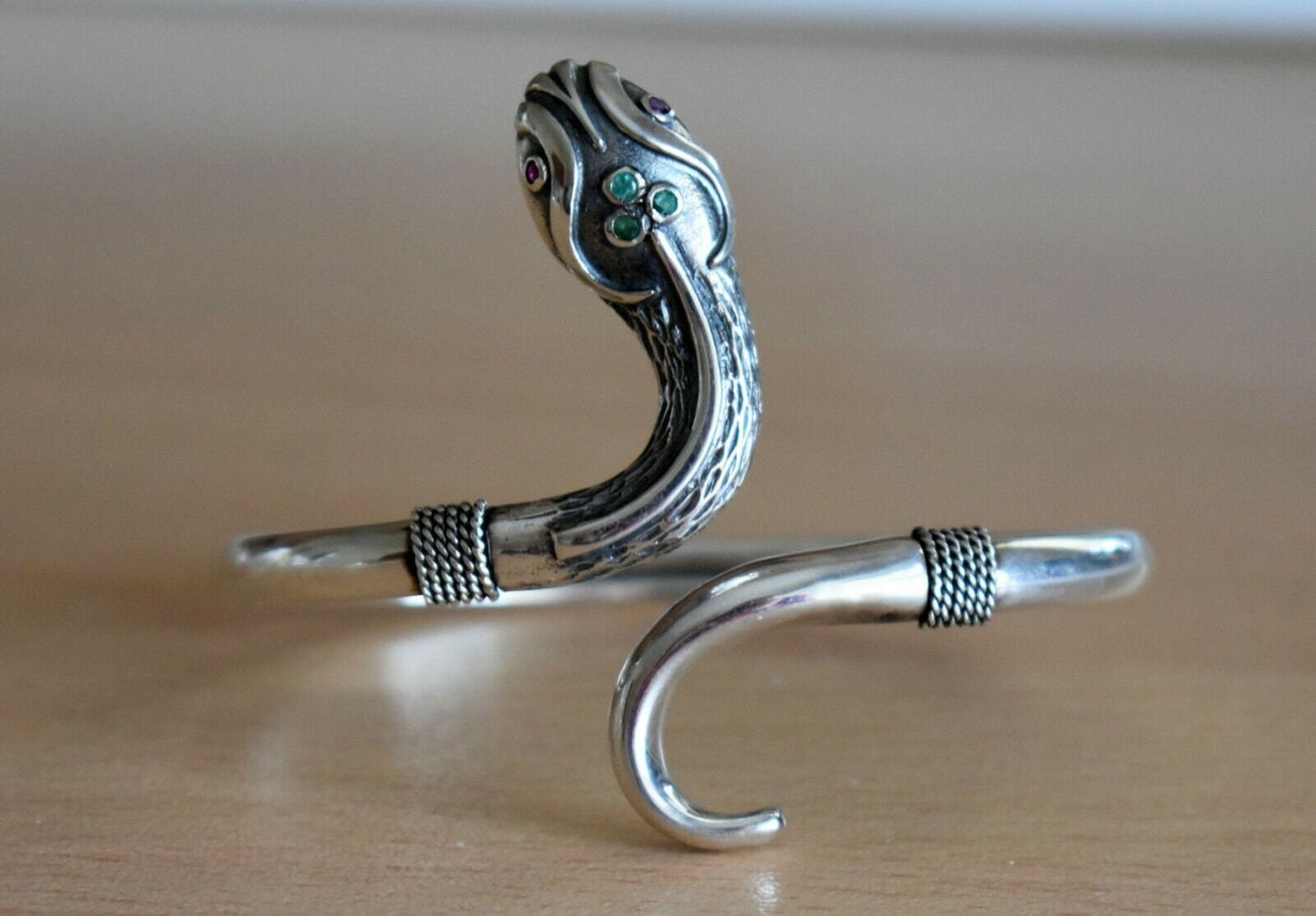 Minoan Snake - Ruby & Emerald - Ancient Greek Symbol of rebirth, transformation, immortality healing. - Bracelet - 925 Sterling Silver