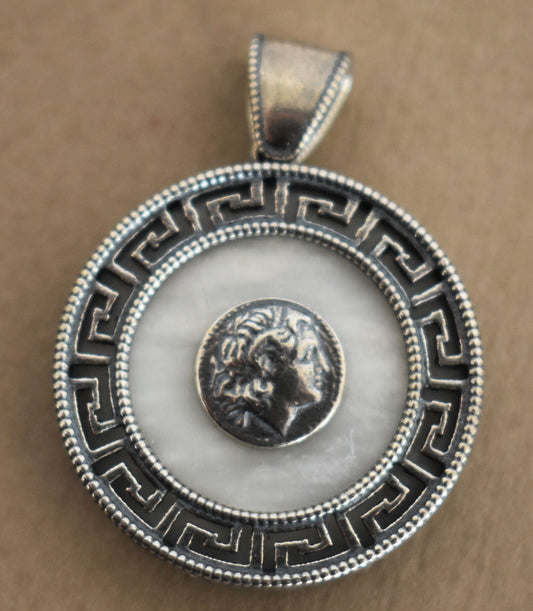 Alexander the Great Motif with Meander on Marble - Macedonian King  - From Greece to India - Pendant - 925 Sterling Silver