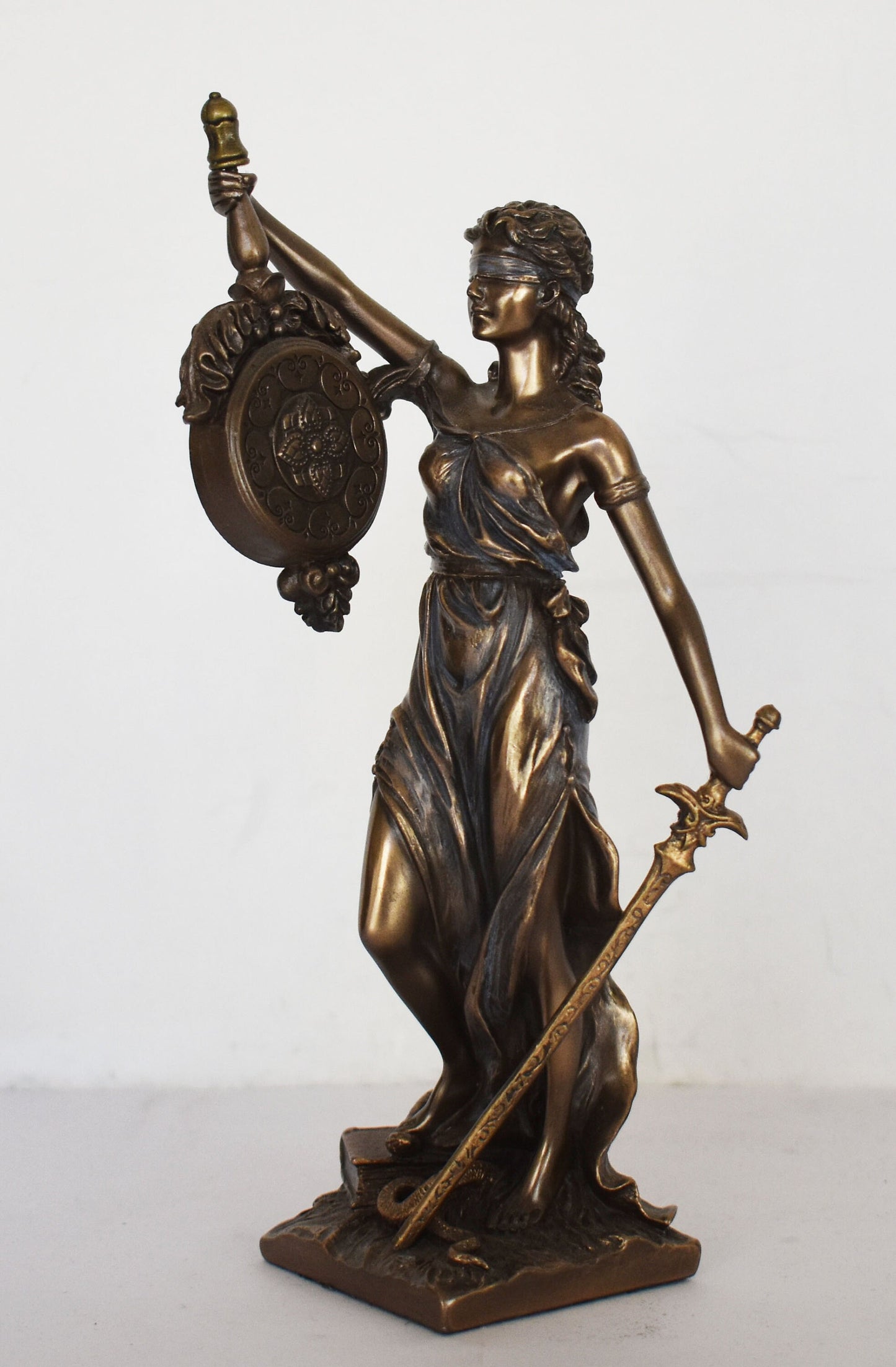 Themis Justitia with Clock - Greek Roman Goddess of Divine Law and Order, Fairness, Natural Law and Custom - Cold Cast Bronze Resin
