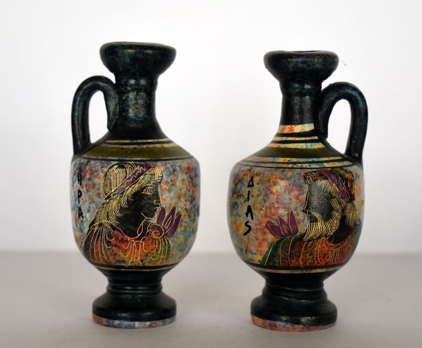 Set of 2 Lekythos - Zeus Jupiter and Hera JUNO - Floral Motif - Athens - Greece - Classic Period - 450 BC - Miniatures - Ceramic Vases
