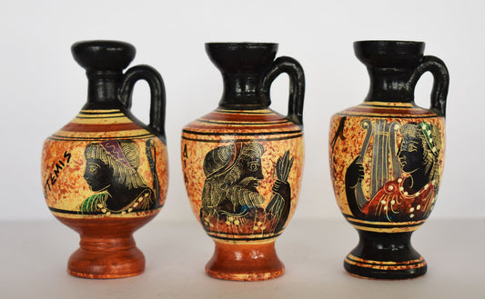 Set of 3 Lekythos - Artemis Diana, Zeus Jupiter and Apollo - Floral Motif - Athens - 450 BC - Miniatures - Ceramic Vases