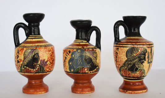 Set of 3 Lekythos - Hera Juno, Aphrodite Venus and Poseidon Neptune - Floral Motif - Athens - 450 BC - Miniatures - Ceramic Vases