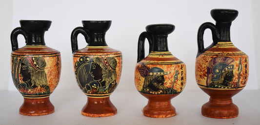 Set of 4 Lekythos - Apollo, Aphrodite Venus, Hermes Mercury and Athena Minerva - Floral Motif - Athens - 450 BC - Miniatures - Ceramic Vases