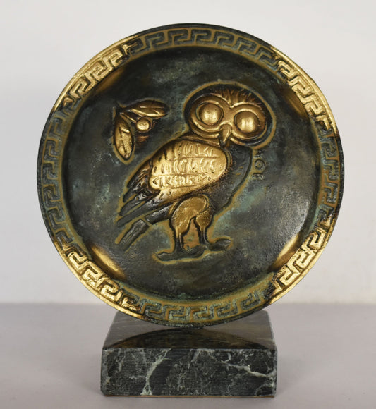 Ancient Greek Athenian Shield - Owl of Wisdom Symbol - Marble Base - Museum Replica - pure Bronze Sculpture