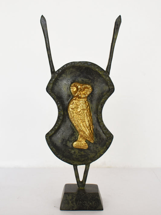 Ancient Greek Athenian Shield with Spears - Owl - Symbol of Knowledge, Wisdom, Perspicacity - Museum Replica - pure Bronze Sculpture