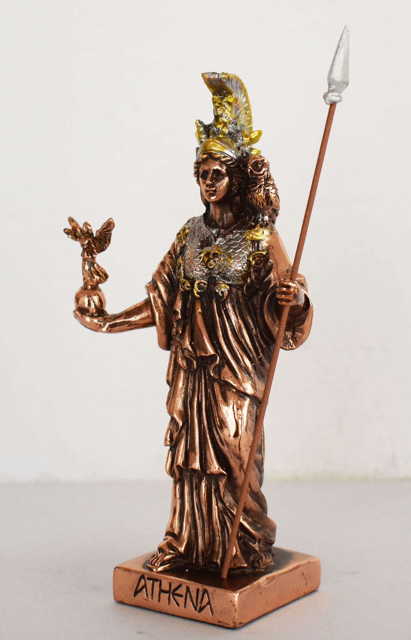 Athena Minerva with Nike and Owl - Greek Roman goddes of Wisdom, Strength, Strategy, Courage, Inspiration, Arts - Copper Plated Alabaster