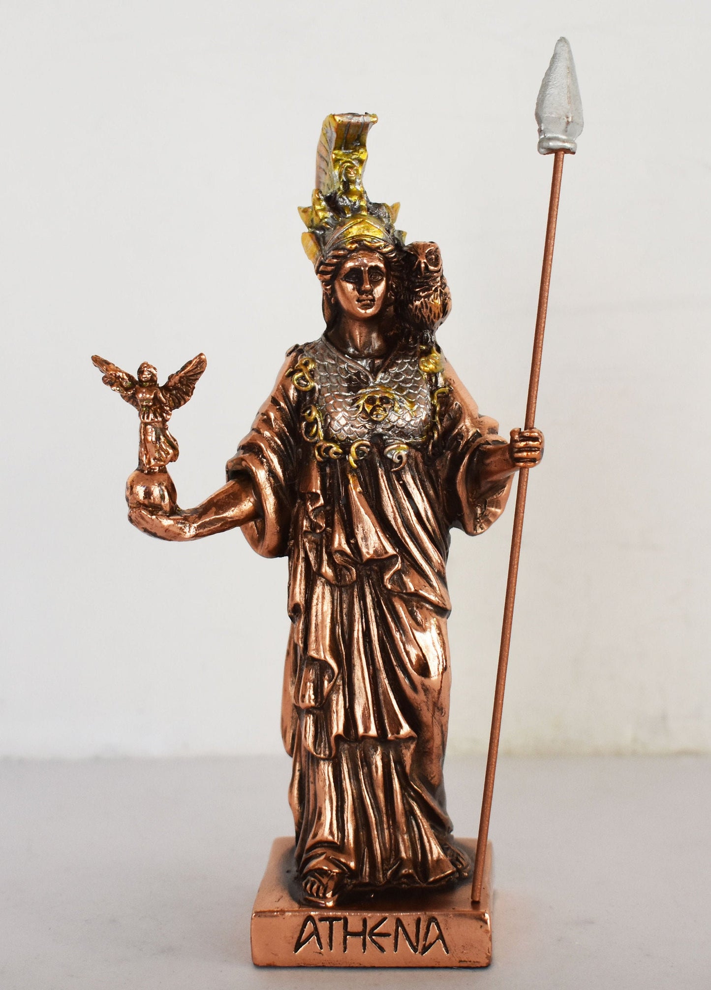Athena Minerva with Nike and Owl - Greek Roman goddes of Wisdom, Strength, Strategy, Courage, Inspiration, Arts - Copper Plated Alabaster