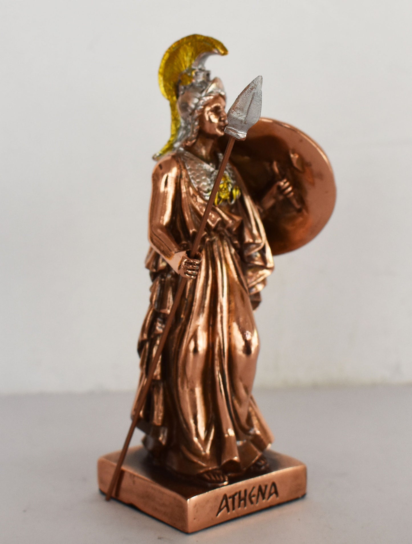 Athena Minerva holding a spear - Greek Roman goddes of Wisdom, Strength, Strategy, Courage, Inspiration, Arts - Copper Plated Alabaster