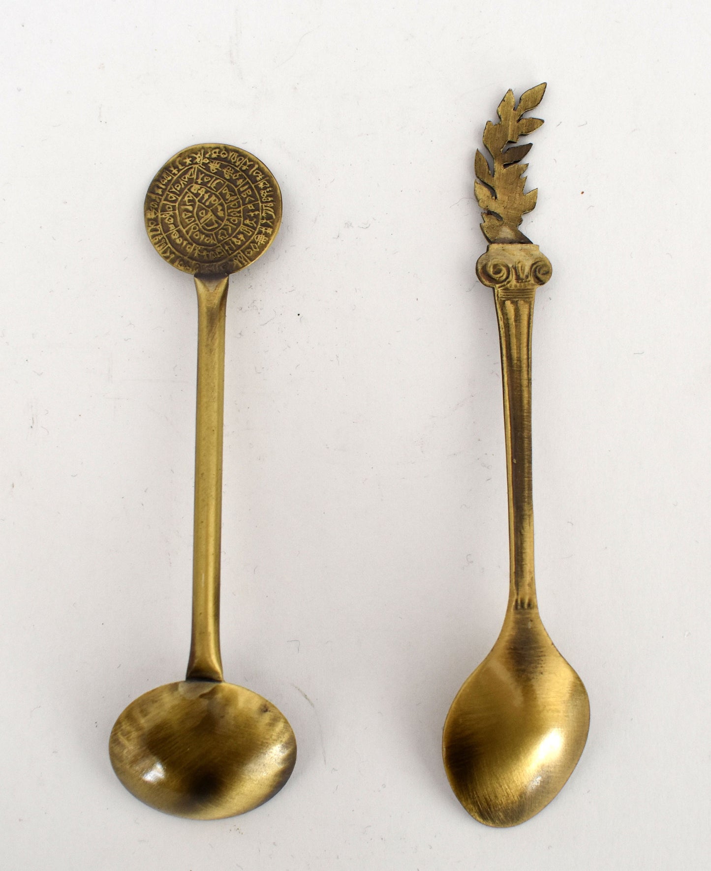 Set of two Spoons - Phaistos Disc,  Meander Motif - Olive Branch, Ionic Order - Miniatures - pure Bronze Sculpture