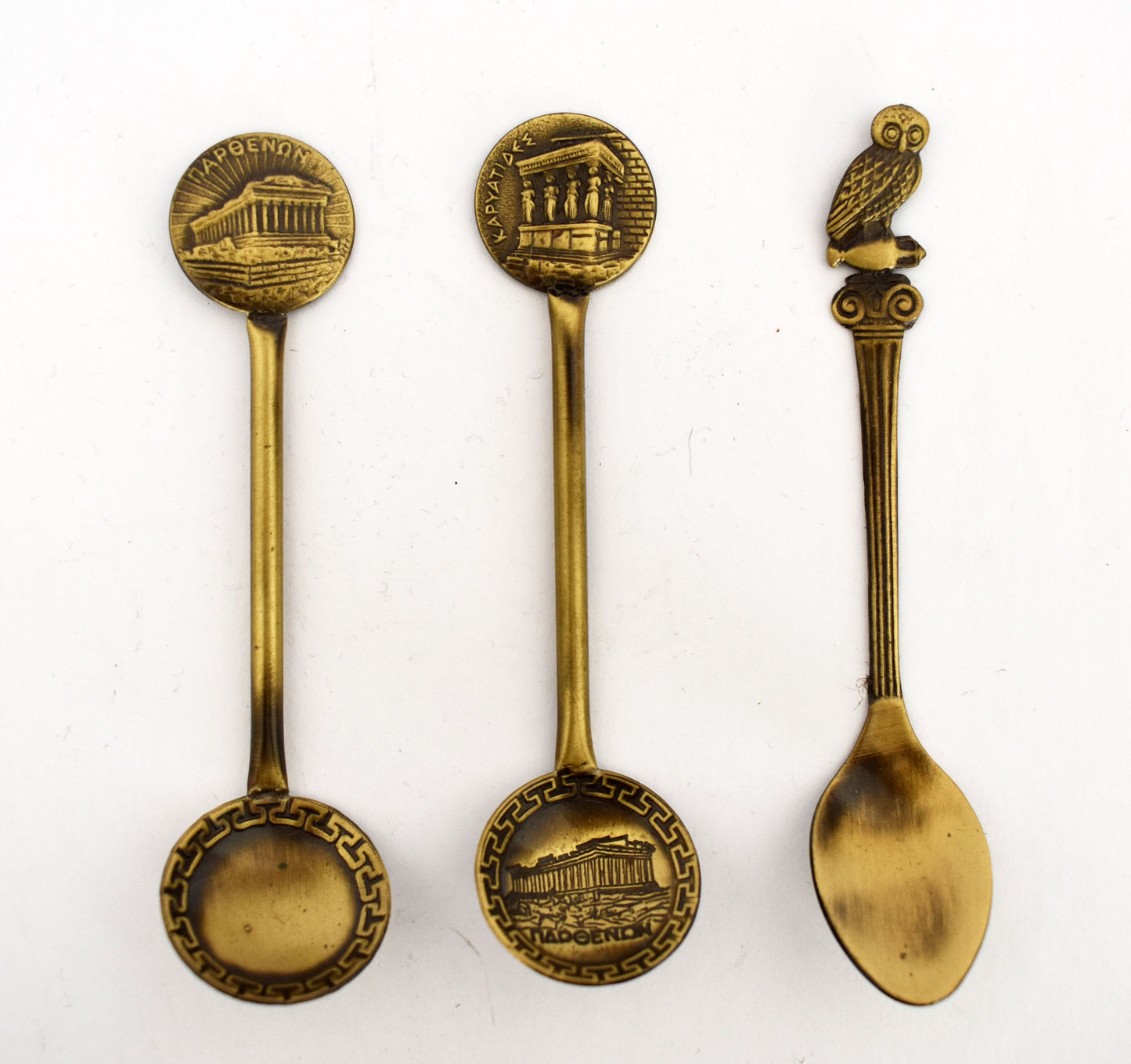 Set of three Spoons - Parthenon - Erechtheion - Owl of Wisdom - Meander Motif - Miniatures - pure Bronze Sculpture