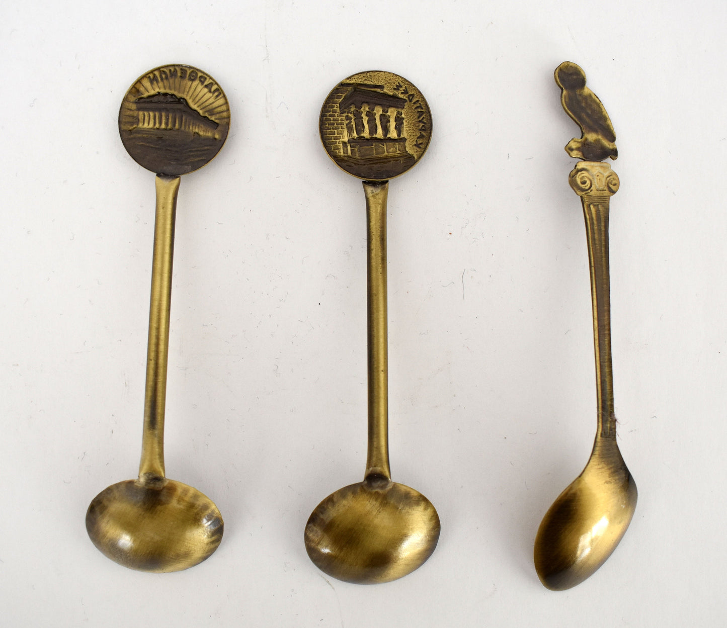 Set of three Spoons - Parthenon - Erechtheion - Owl of Wisdom - Meander Motif - Miniatures - pure Bronze Sculpture